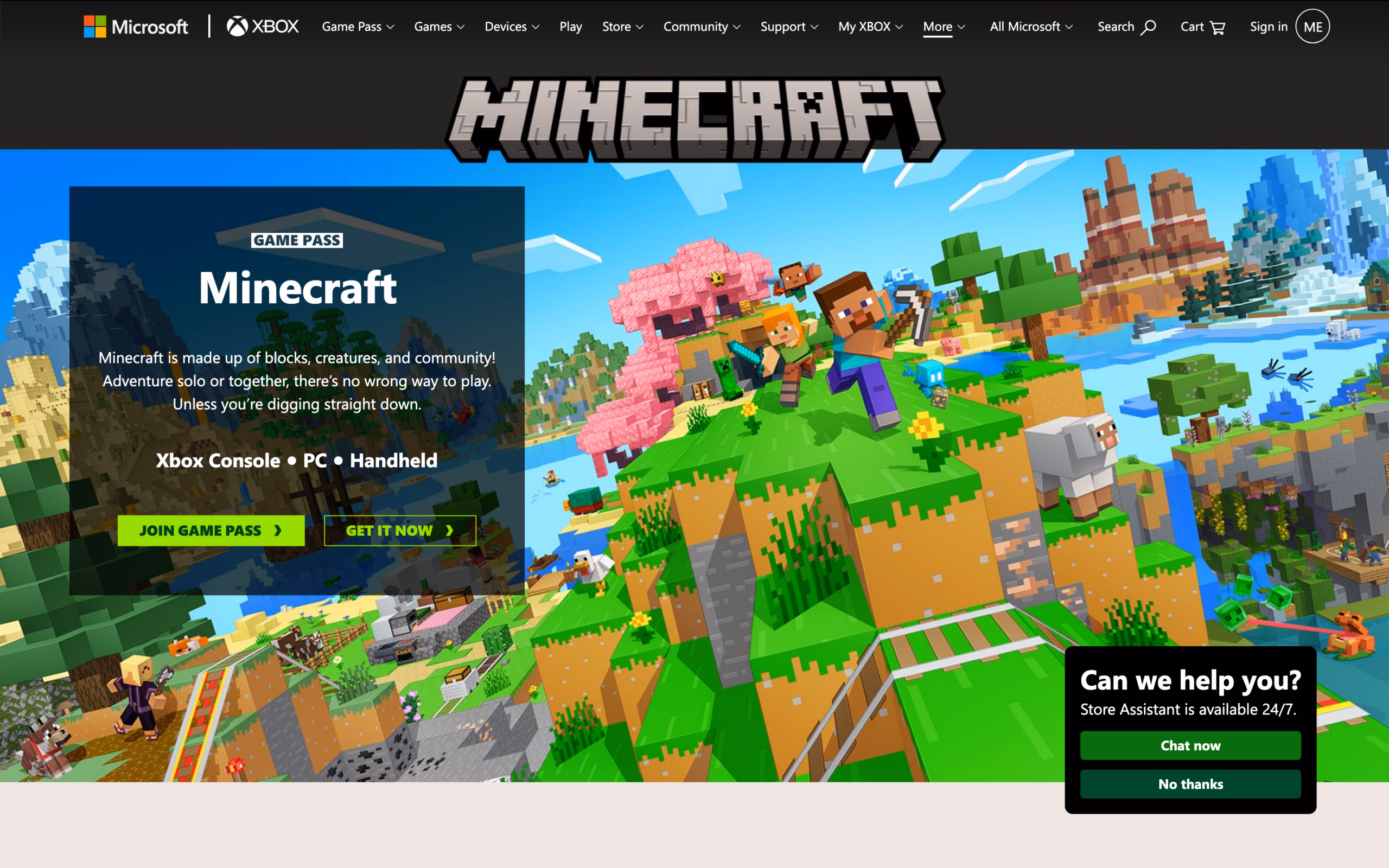 Главная страница minecraft.net — где у иностранцев происходит обычная покупка лицензии, недоступная из России