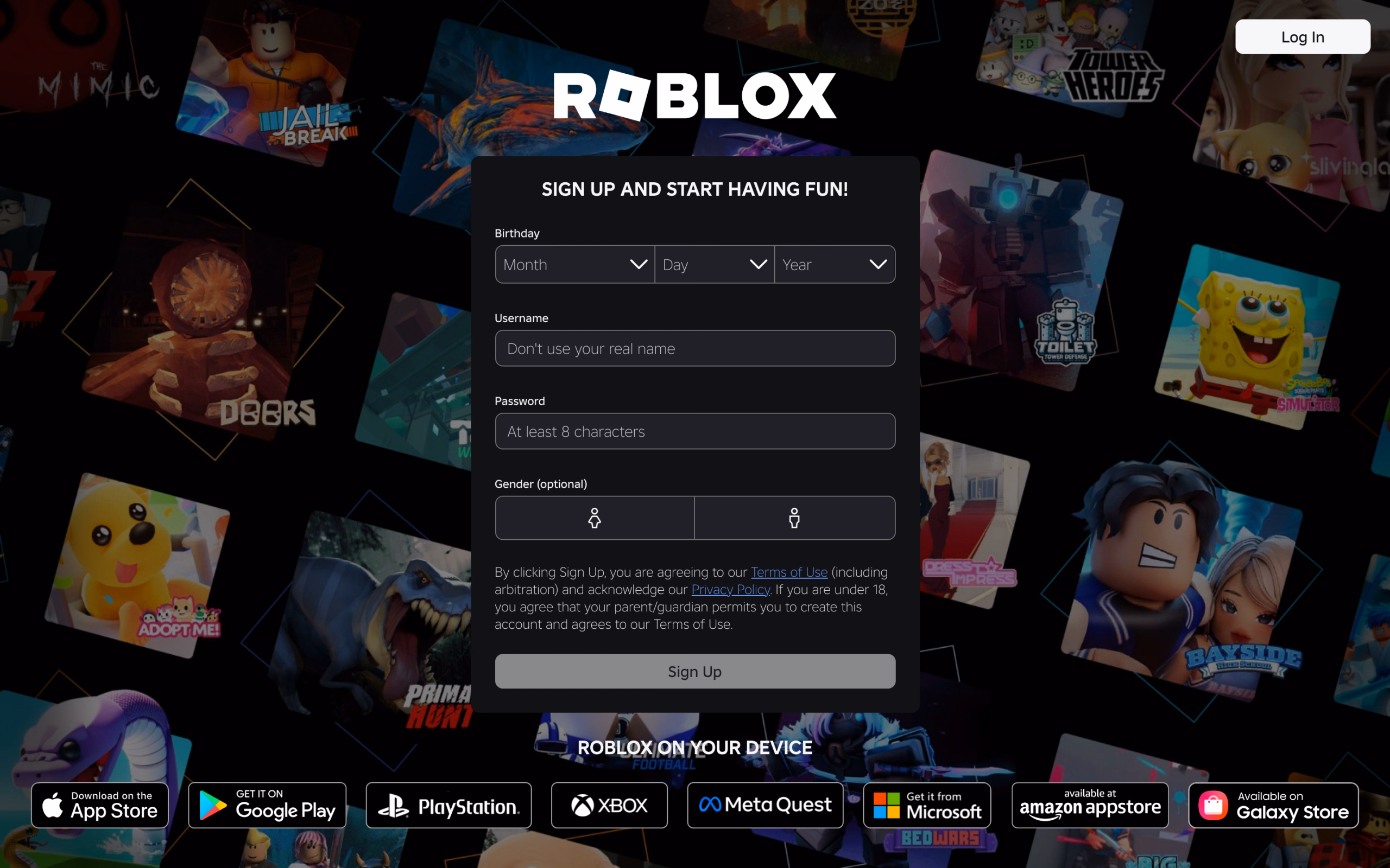 Главная страница Roblox.com — официальный магазин и платформа, доступ к которой ограничен из РФ