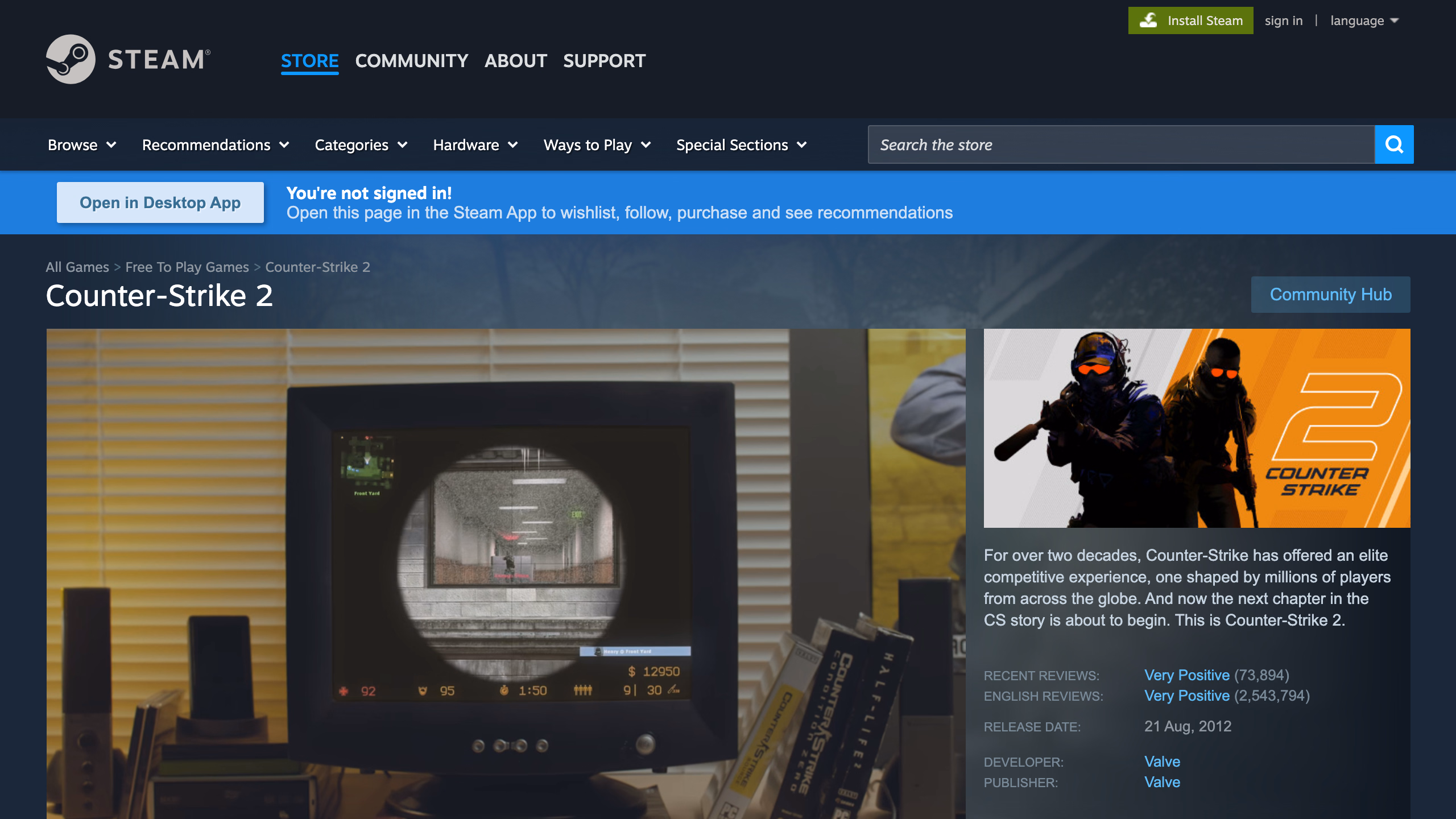 Counter-Strike 2 — страница игры в Steam Store от Valve