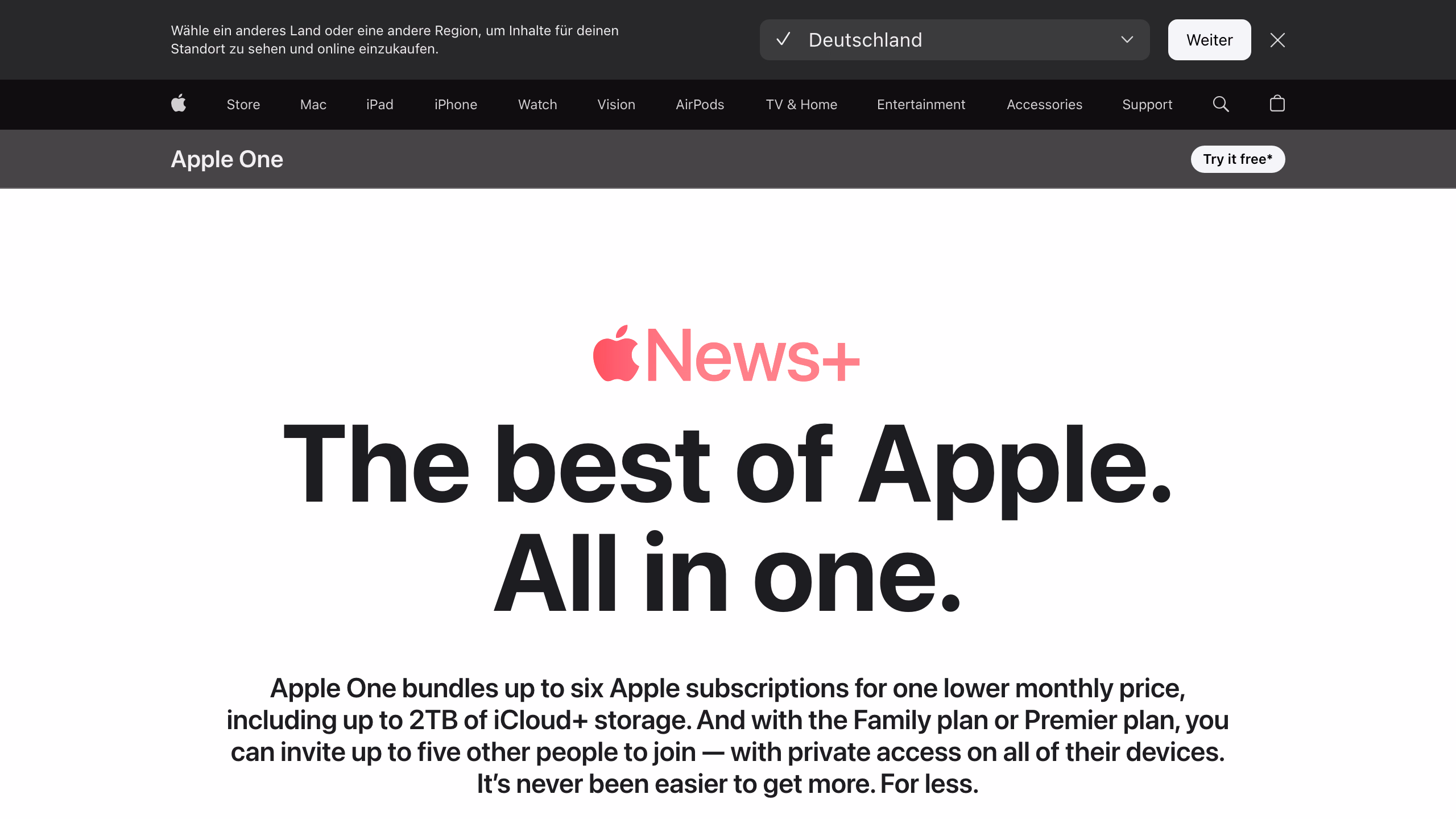 Apple One — официальная страница пакета подписок Apple