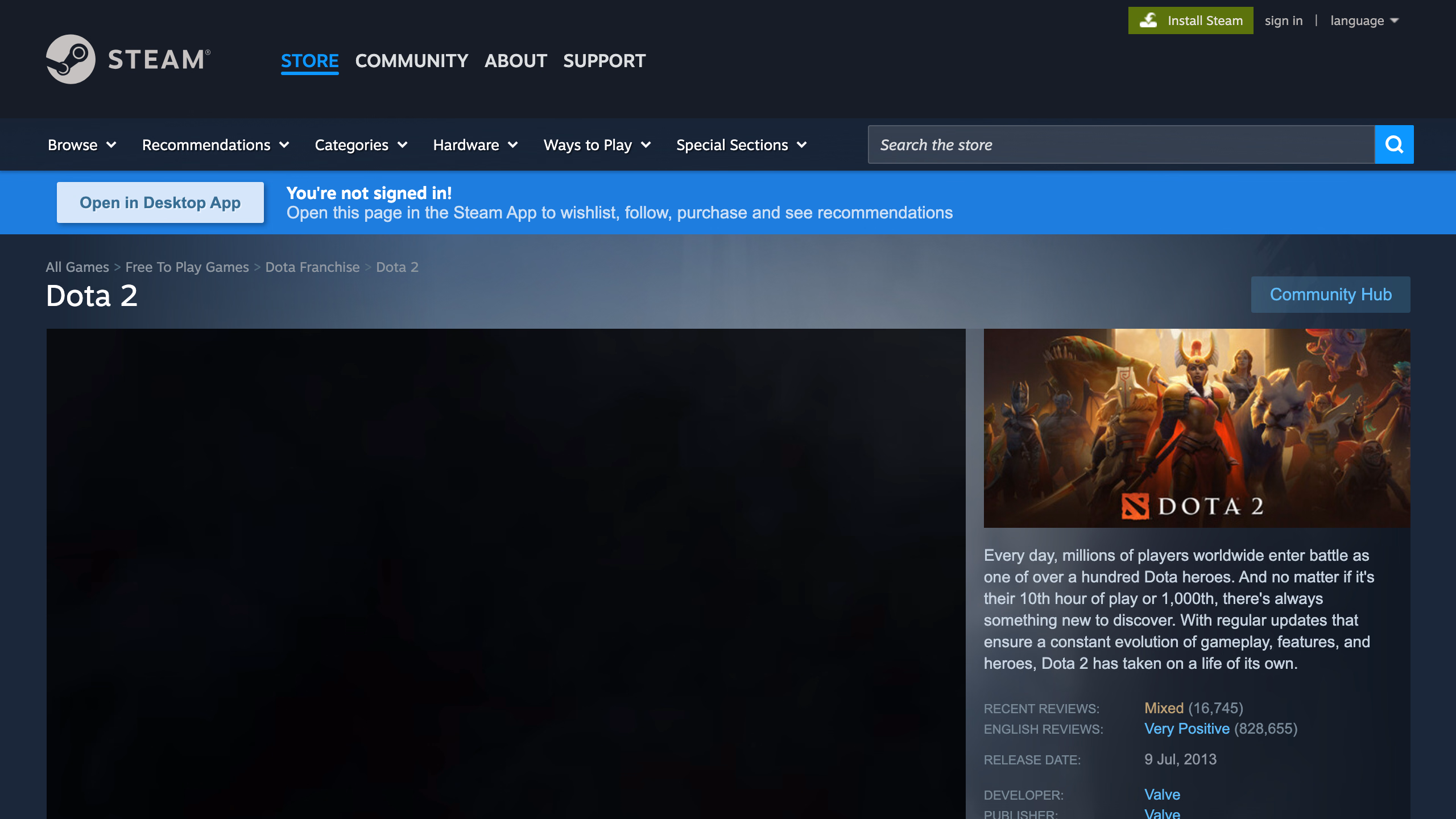 Dota 2 — страница игры в Steam Store от Valve