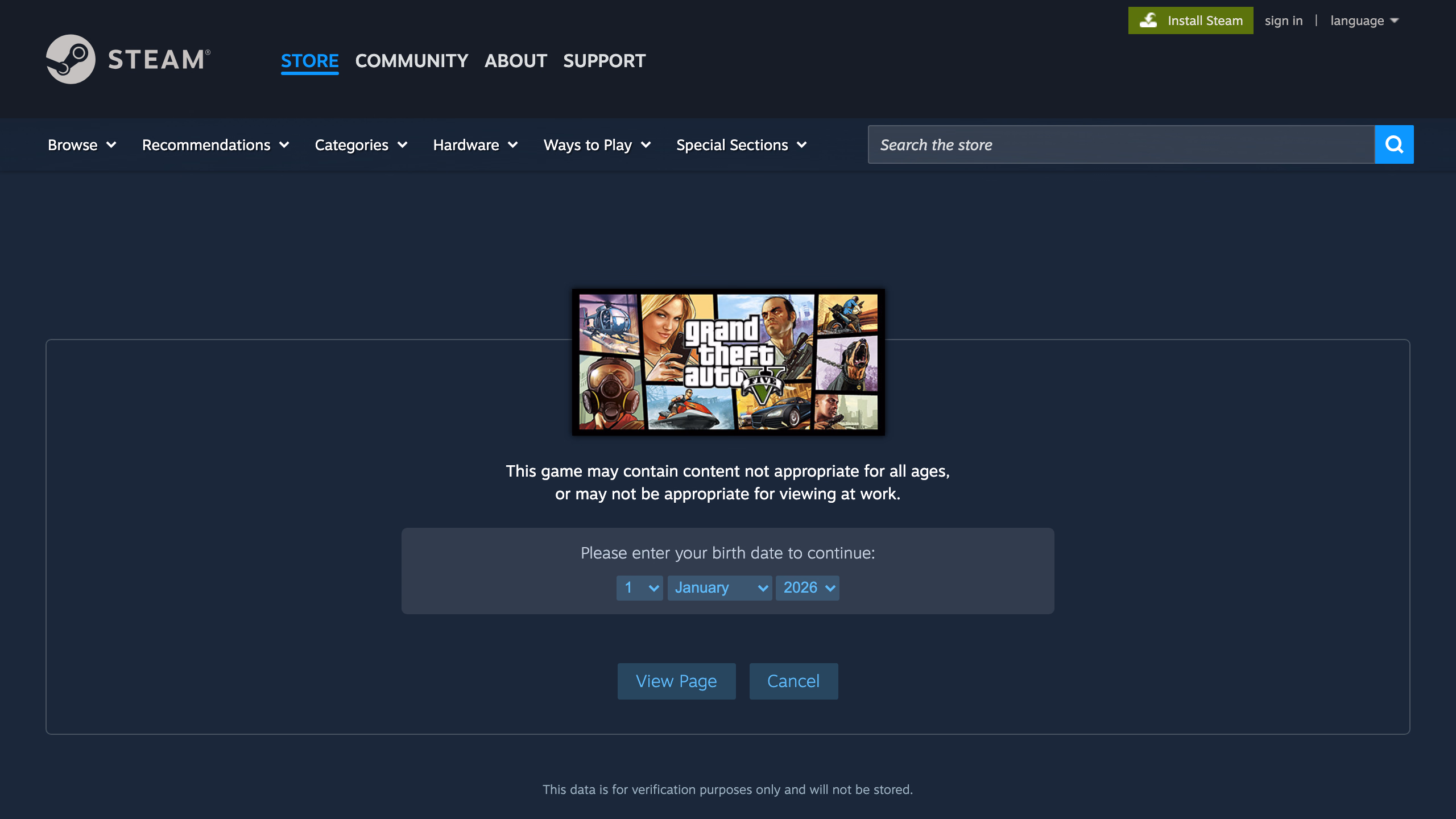 Grand Theft Auto V — страница игры в Steam Store от Rockstar