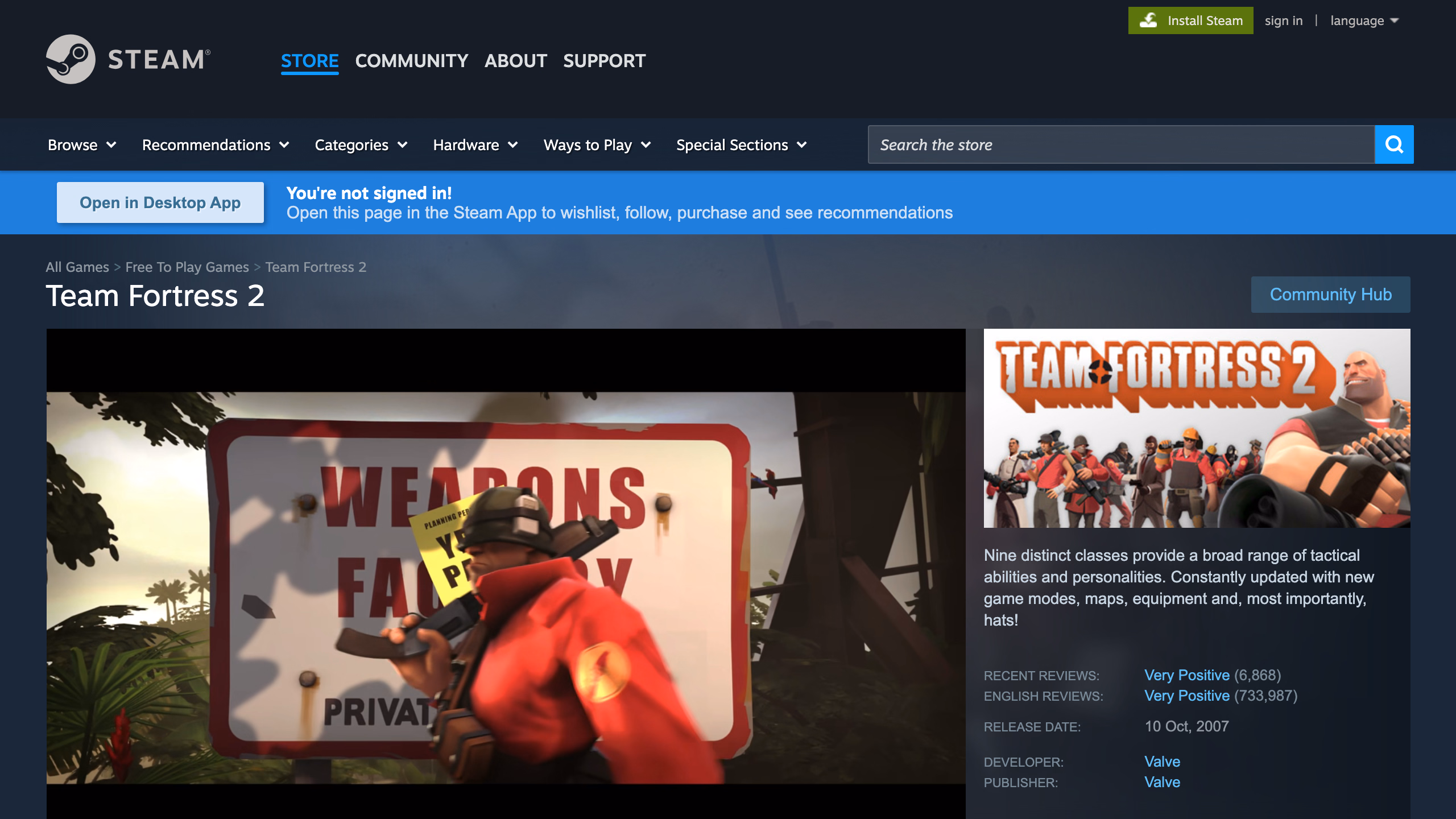 Team Fortress 2 — страница игры в Steam Store от Valve