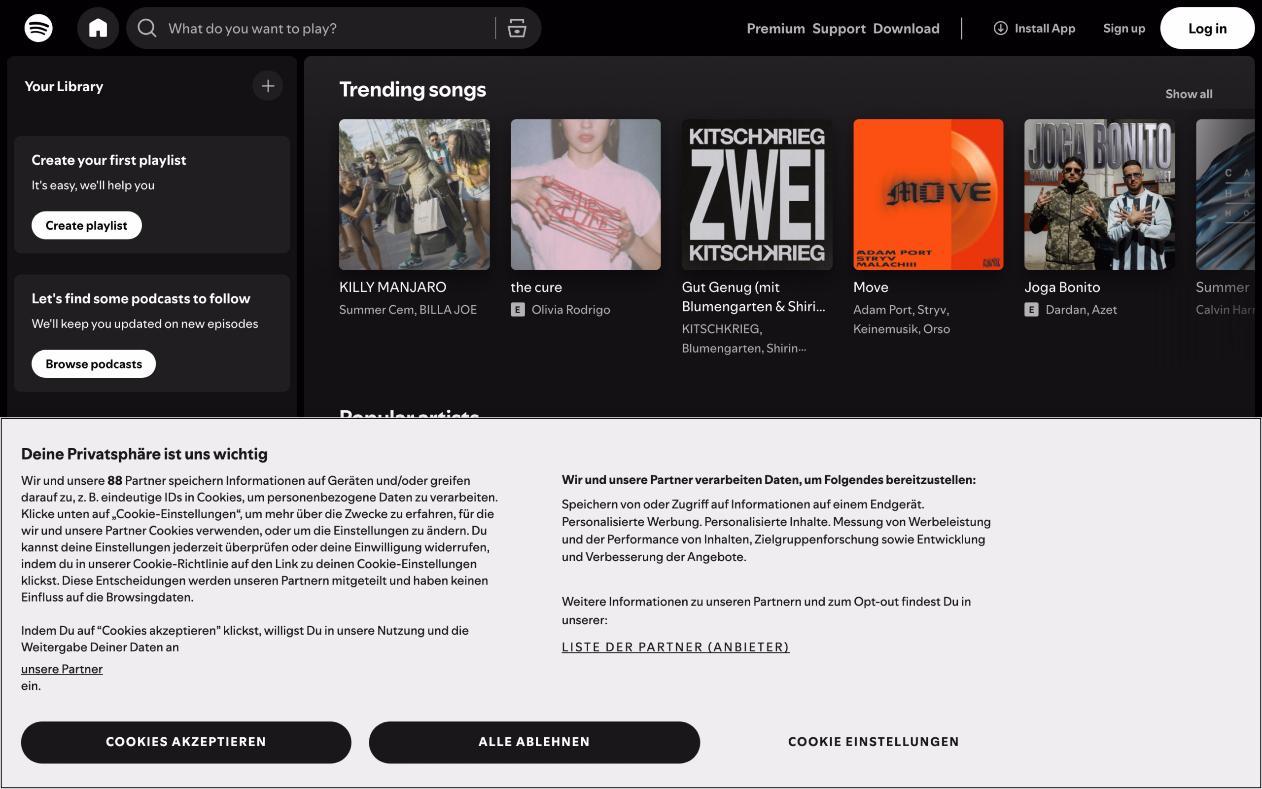 Главная страница spotify.com — витрина с тарифами Premium, недоступная для российских карт