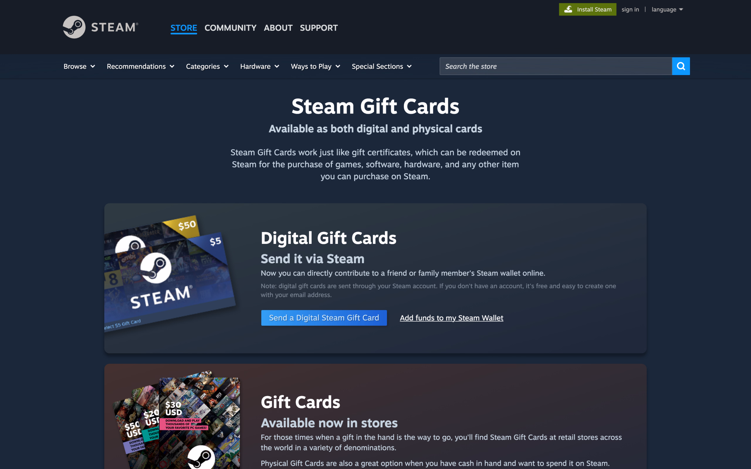 Официальная страница Steam Digital Gift Cards: номиналы $5, $10, $25, $50, $100
