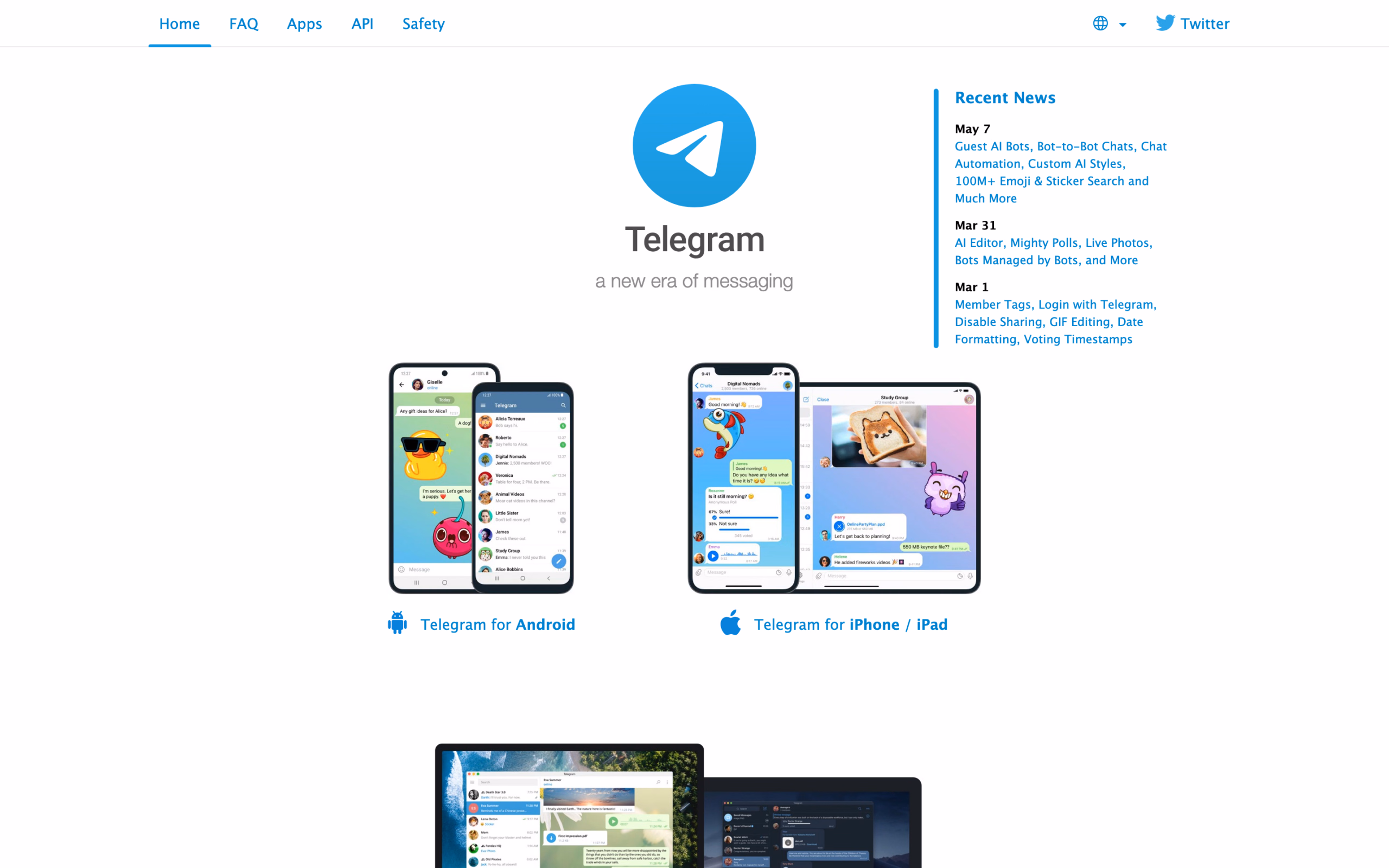 Главная страница telegram.org — официальный сайт мессенджера, где описаны Telegram Stars и Premium